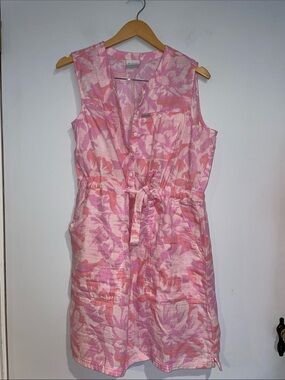 Columbia Pink Peony Floral Sleeveless Cotton Drawstring Dress Sz Large